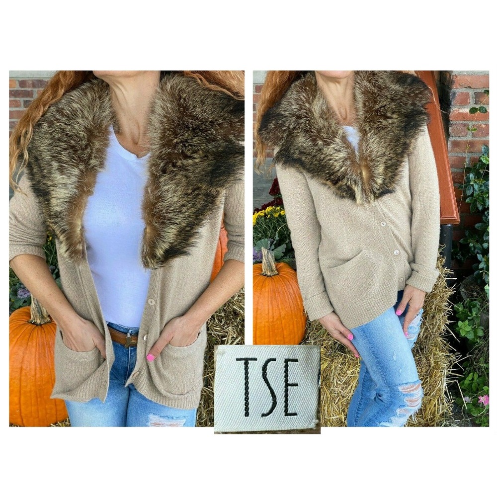 TSE TAN OATMEAL PURE CASHMERE LUXURY CARDIGAN SWEATER FUR COLLAR XS 🌸